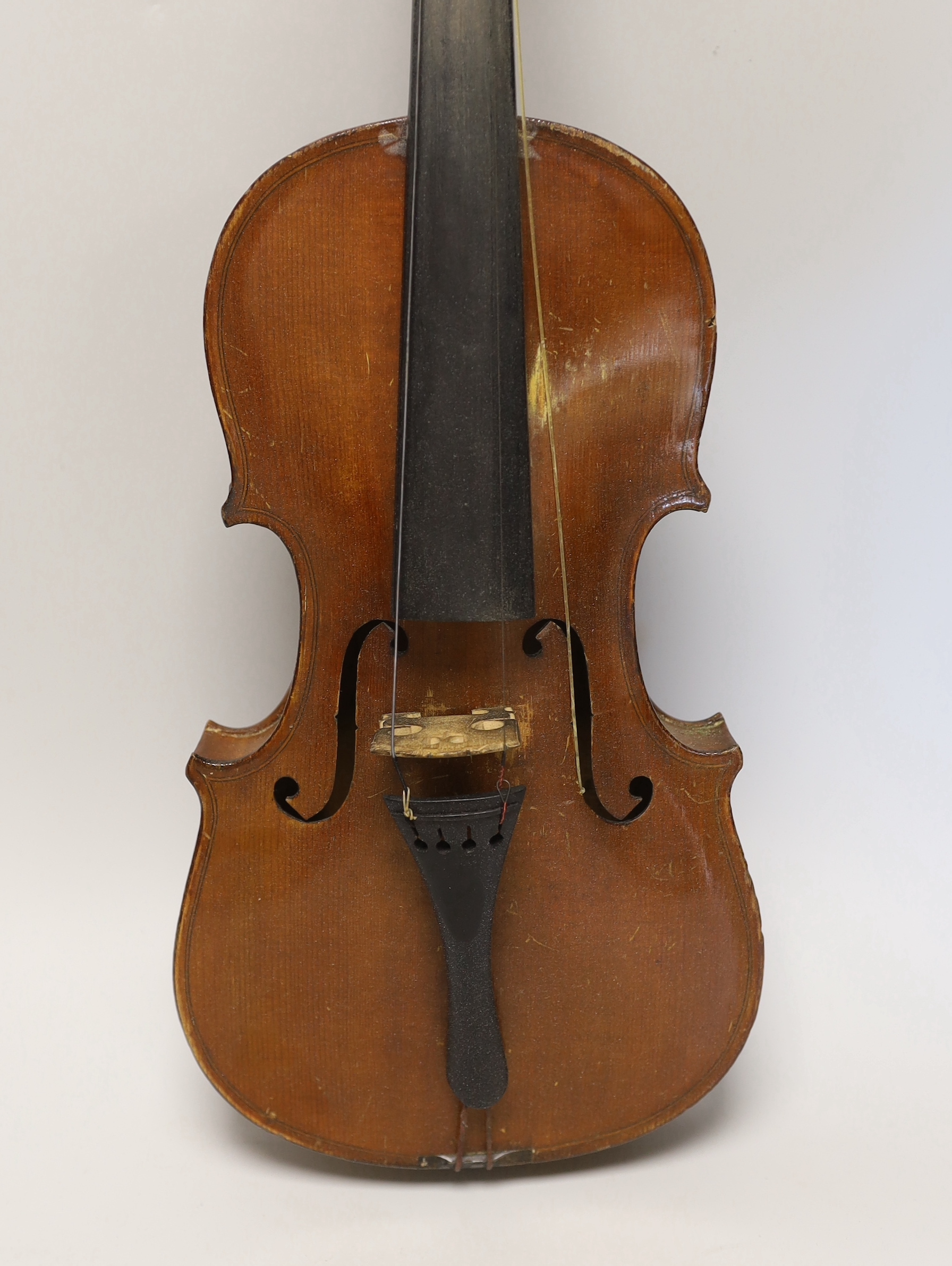 A three quarter size German violin, in case violin 56cm long